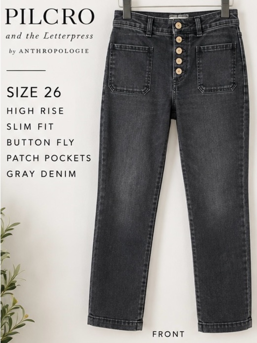 Pilcro Anthropologie Size 26 Gray Slim High Rise Button Fly Jeans